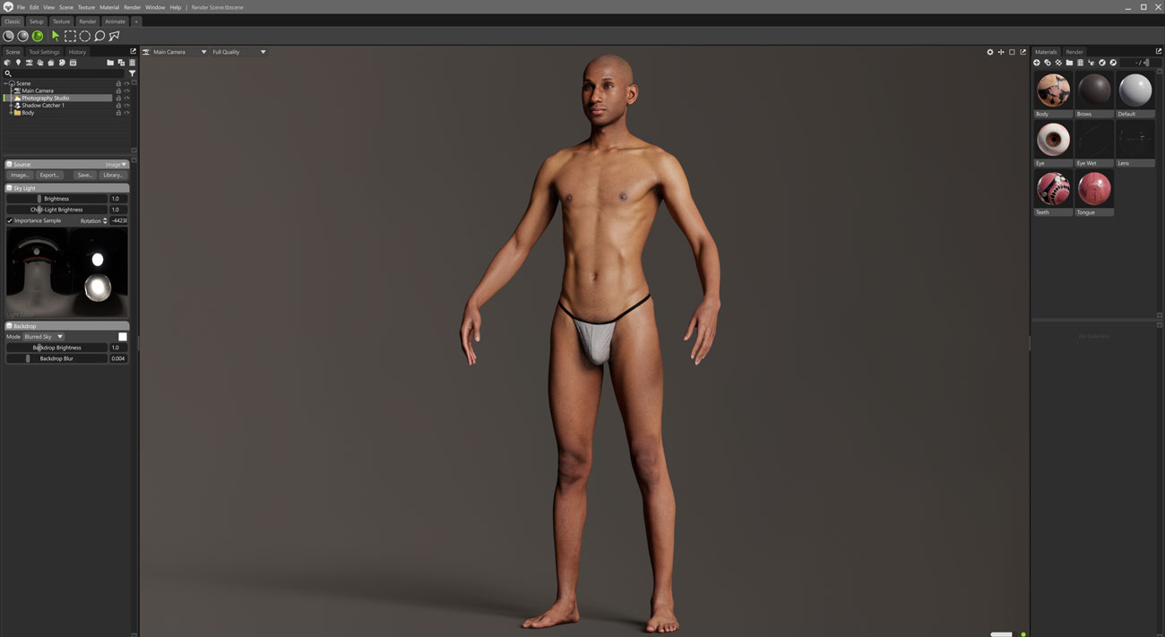 Marmoset Toolbag real-time PBR render of a lean athletic male 3D body scan with full texture maps applied